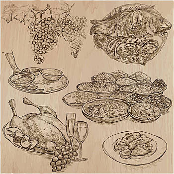 食物,收集,线条艺术,菜单,异域食品,烹调,盘子,矢量,绘画,插画,素描