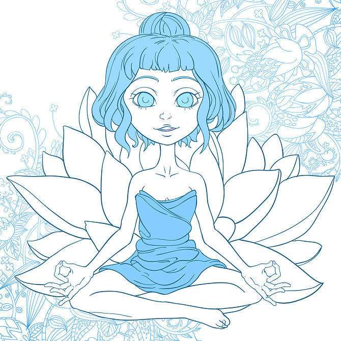 矢量_手_插画_可爱_卡通_女孩_瑜珈_盘腿坐_蓝色背景_高清图片_全景