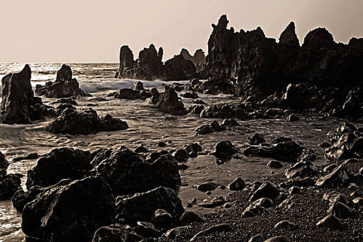 火山岩,石头,海中,海浪,夜光,靠近,兰索罗特岛,加纳利群岛,西班牙,欧洲