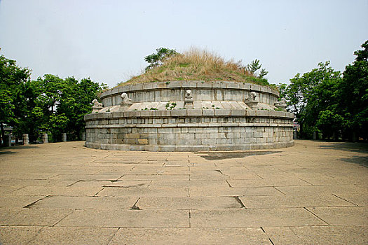 袁世凯的墓庐为圆形,由三层台阶隆起,周围雕有十二尊石狮