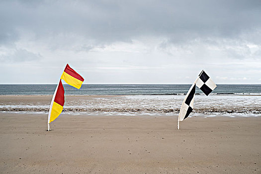 安全,旗帜,风吹,海滩