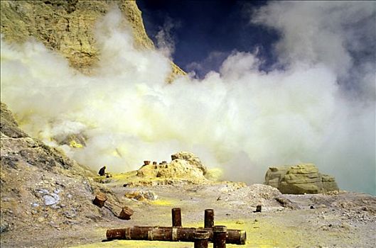 印度尼西亚,爪哇,火山口,火山,硫,开发,烟,石头