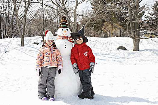 孩子,站立,雪人