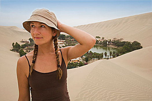 女人,帽子,沙丘,绿洲,秘鲁