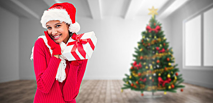 合成效果,图像,喜庆,黑发,拿着,礼物,家,圣诞树