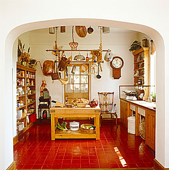 大厨房,感觉,赤陶,贴砖,温暖,松树,家具