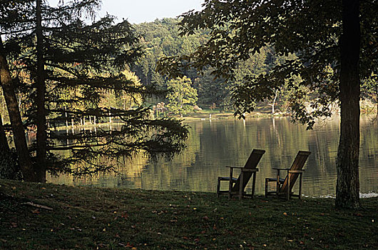 两个,椅子,树,旁侧,湖