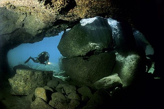 潜水者,探索,水下,洞穴,阿曼,中东,印度洋