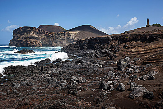 火山地貌,后面,右边,灯塔,岛屿,法亚尔,亚速尔群岛,葡萄牙,欧洲