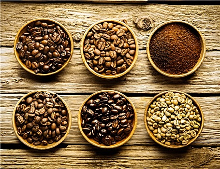 五个,品种,咖啡豆,粉末