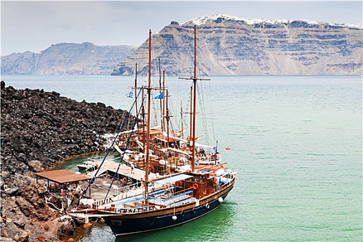 锡拉岛,船,火山,风景