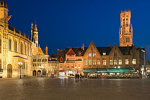 光亮,广场,钟楼,夜晚,历史,中心,布鲁日,世界遗产,比利时,欧洲