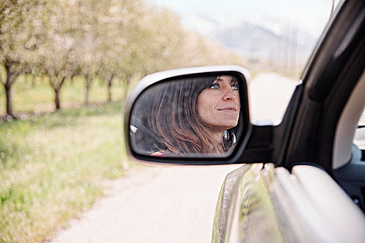 女人,汽车,公路旅行,反射,风景,反光镜