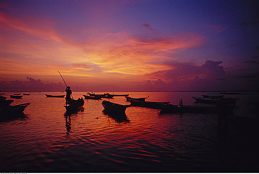剪影,船,水中,日落,巴厘岛,印度尼西亚