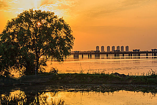 落日,夕阳,湖面,彩霞,倒影,美景,风光