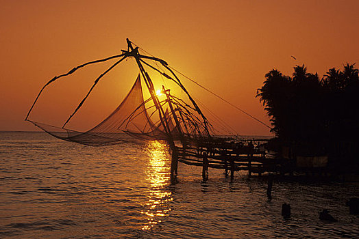 印度,中国,渔网,日落