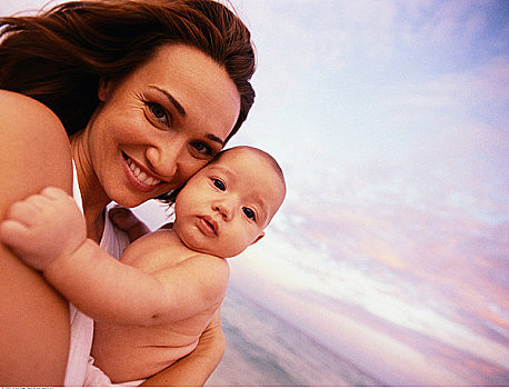 母亲,婴儿,海滩