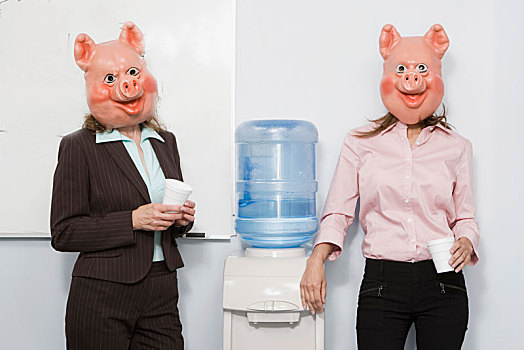 两个,职业女性,猪,面具,冷水机