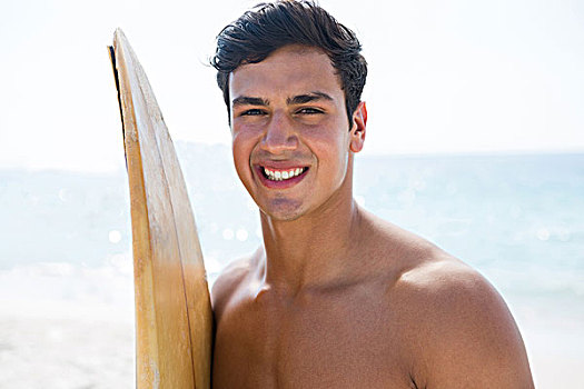 头像,微笑,男青年,拿着,冲浪板,海滩,晴天