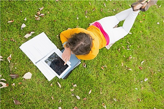 女学生,平板电脑,草坪