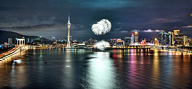 澳门,海面,夜景,灯光,大桥,烟花