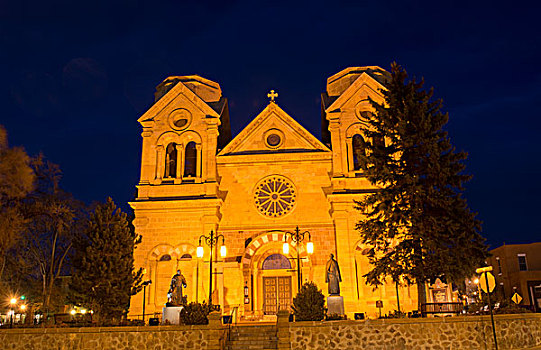 圣达菲,新墨西哥,大教堂,著名,教堂,夜晚,彩色