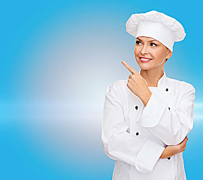 烹调,广告,概念,微笑,女性,厨师,烹饪,做糕点,指向