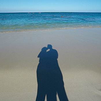 影子,海滩,夫妻