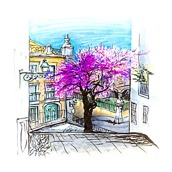 春天,特色,里斯本,街道,葡萄牙