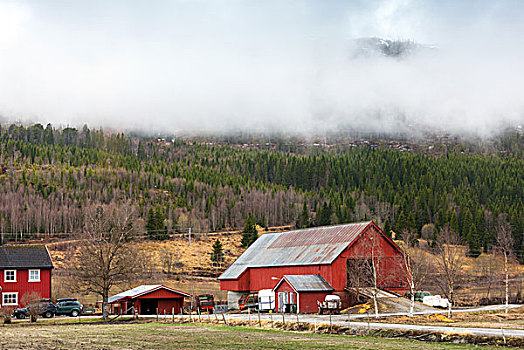 乡村,挪威,风景,红色,木屋,云,山