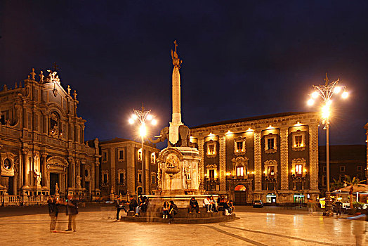 喷泉,大教堂,宫殿,大教堂广场,黄昏,西西里,意大利,欧洲
