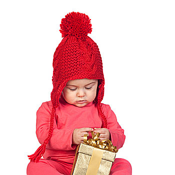 女婴,毛织品,帽子,看,礼物