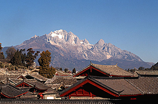 中国,云南,丽江,屋顶,玉龙雪山