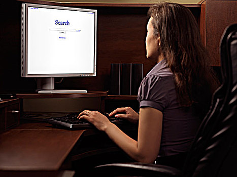 女青年,坐,电脑桌,互联网,寻找,引擎,展示