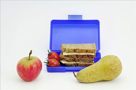 蓝色,面包盒,三明治,西红柿,水果,前景