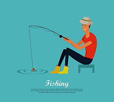 钓鱼,概念,矢量,旗帜,设计,微笑,男人,帽子,胶靴,坐,鱼竿,拿着,河,娱乐,靠近,水,爱好,游客,广告