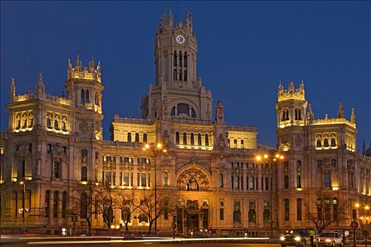 邮局,马德里,广场,黄昏,西班牙