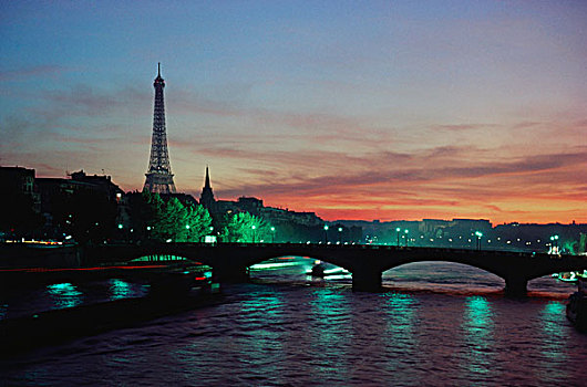 剪影,塔,日落,埃菲尔铁塔,塞纳河,巴黎,法兰西岛,法国