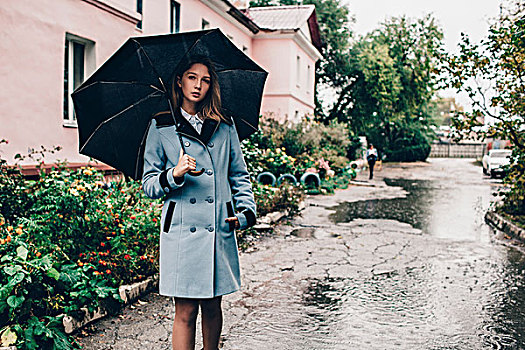 头像,少女,拿着,伞,站立,湿,小路,建筑,雨