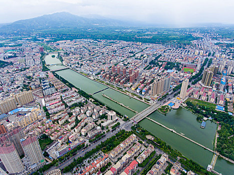 航拍河南三门峡灵宝市城区风光弘农涧河