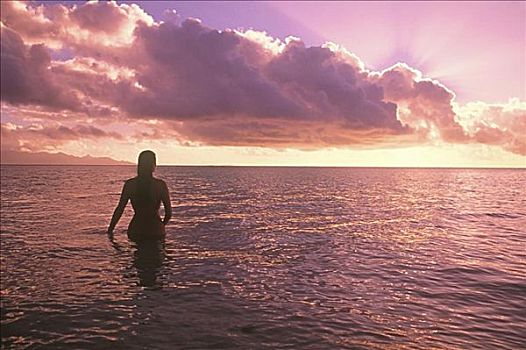 斐济,瓦卡亚,剪影,女人,涉水,海洋,日落
