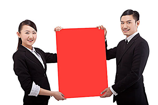 商务人士拿着红纸板