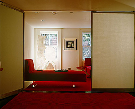 客厅,红色,地毯,相配,软垫,白天,床,罐,分开