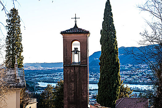 钟楼,山,湖,意大利