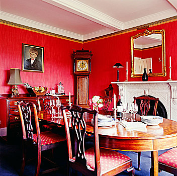 椅子,雕刻,椭圆,餐桌,正面,壁炉,红色,餐厅