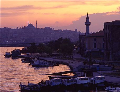 土耳其,伊斯坦布尔,房子,尖塔,黄昏,靠近,博斯普鲁斯海峡,海峡,粉红天空
