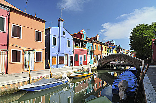 威尼斯,布拉诺岛,运河,小,彩色,房子,船,晴朗,夏天