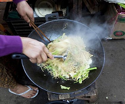 女人,烹调,面条,街边市场,缅甸
