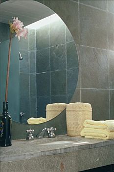 浴室,盥洗池,圆,镜子,毛巾,花,黑色,瓶子