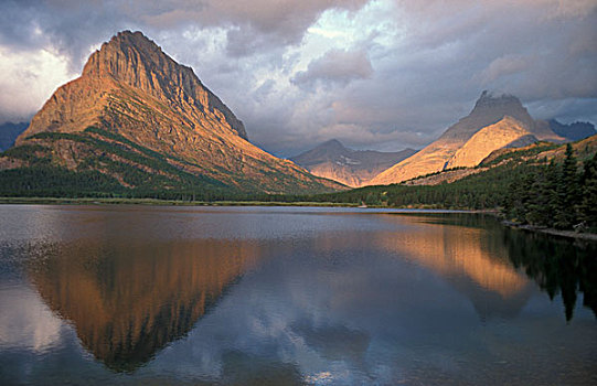 山,湖,日出,冰川国家公园,蒙大拿,美国